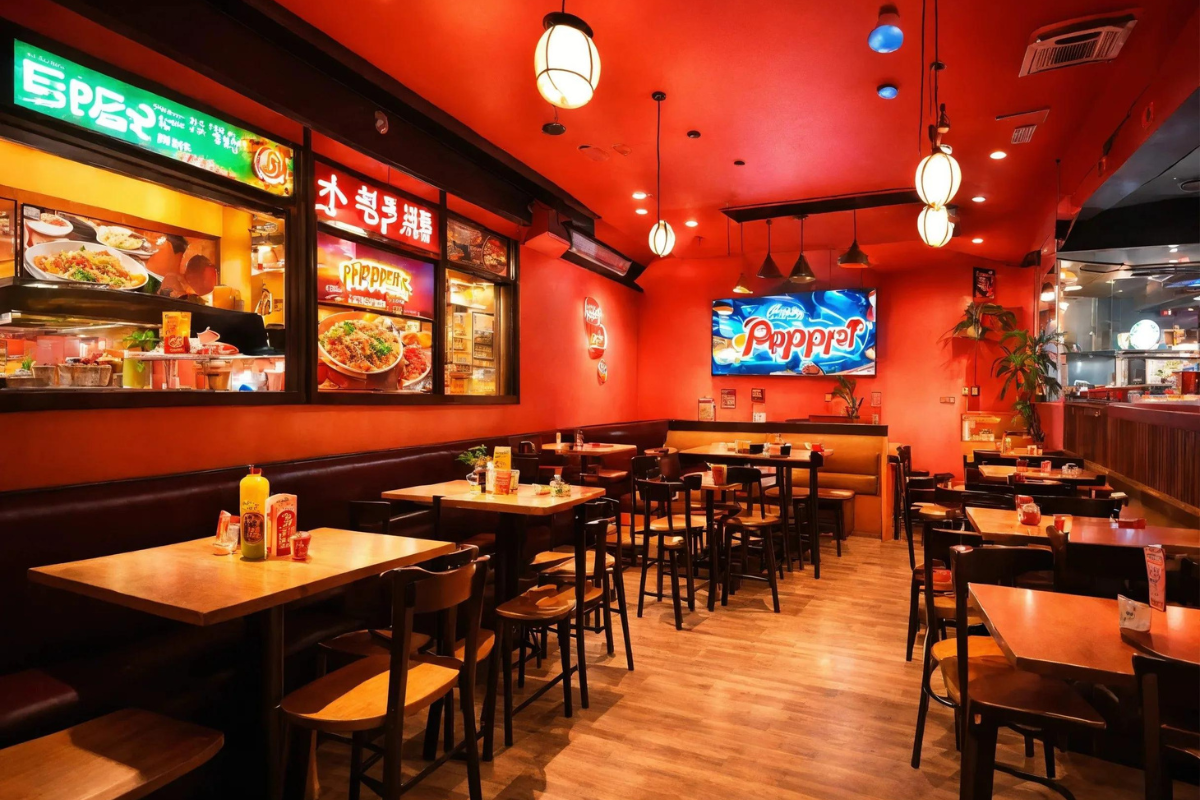 A welcoming entrance of a Pepper Lunch restaurant with a vibrant signboard. Inside, diners are engaging with their DIY meals on hot iron plates, surrounded by a cozy and inviting ambiance