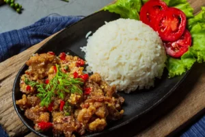 A comforting bowl of orange chicken and vegetables over fluffy white rice, perfect for a cozy night in.