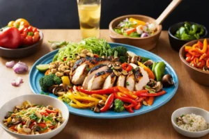 A Pepper Lunch meal with various options: a plate with vegetarian ingredients, a gluten-free sauce bottle, and different types of protein like chicken and seafood, showcasing the customization possibilities.