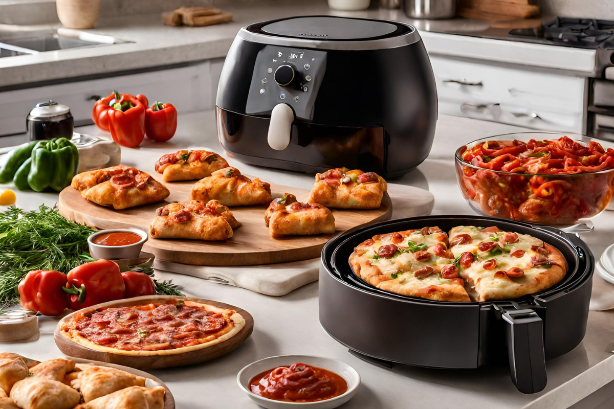 This image showcases a modern air fryer sitting on a kitchen counter, ready to whip up some delicious and crispy dishes.