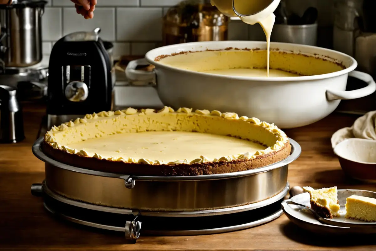 A mouthwatering cheesecake on a wooden table, drizzled with sauce.