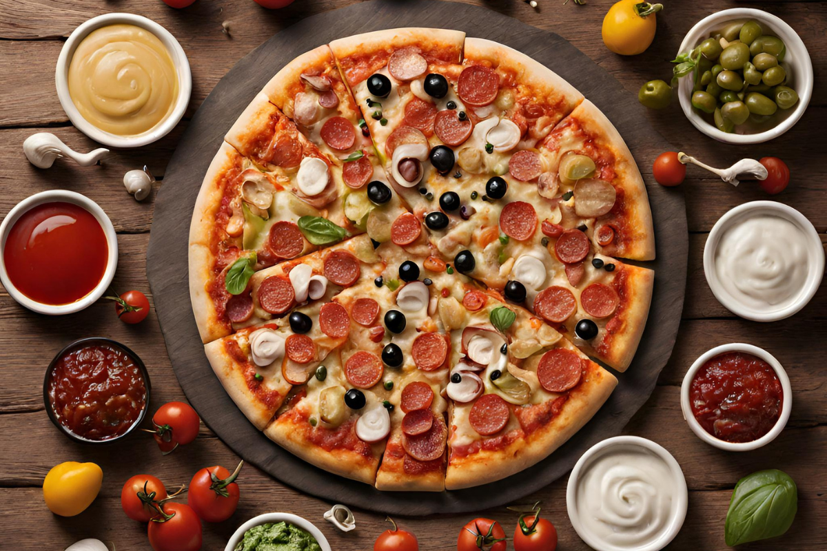 A traditional pizza on a rustic wooden table, ready to be devoured.