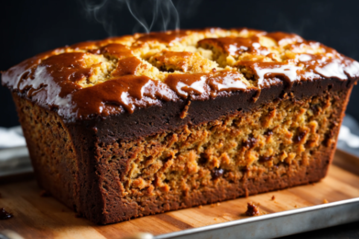 A loaf of banana bread with caramel frosting sits on a wooden tray.