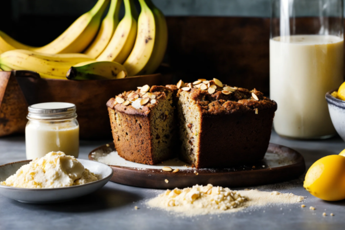 A bunch of bananas sits next to a sliced banana cake on a wooden table.