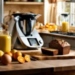 A well-lit kitchen counter featuring an assortment of breakfast ingredients: sliced bread, whole oranges, brown eggs, and a stainless steel blender.