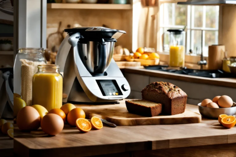 A well-lit kitchen counter featuring an assortment of breakfast ingredients: sliced bread, whole oranges, brown eggs, and a stainless steel blender.