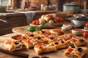 The image shows a wooden table topped with small pizzas of various kinds. Some of the cooking pizza rolls have visible toppings including pepperoni, peppers, and onions.