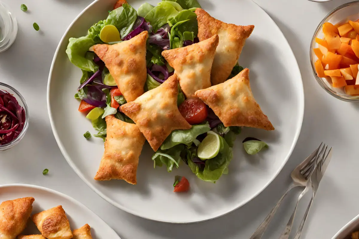 A white plate topped with a salad and fried food, possibly a samosa. The salad greens are visible underneath the fried food, and there is a fork on the plate.