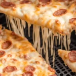 A close-up of a hand holding a spatula lifting a slice of pizza out of an air fryer basket. The pizza slice has a golden brown crust and melted cheese.