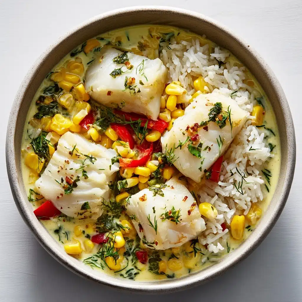 Coconut Cod with Garden Herbs, Corn, and Peppers Recipe - Recipe Image