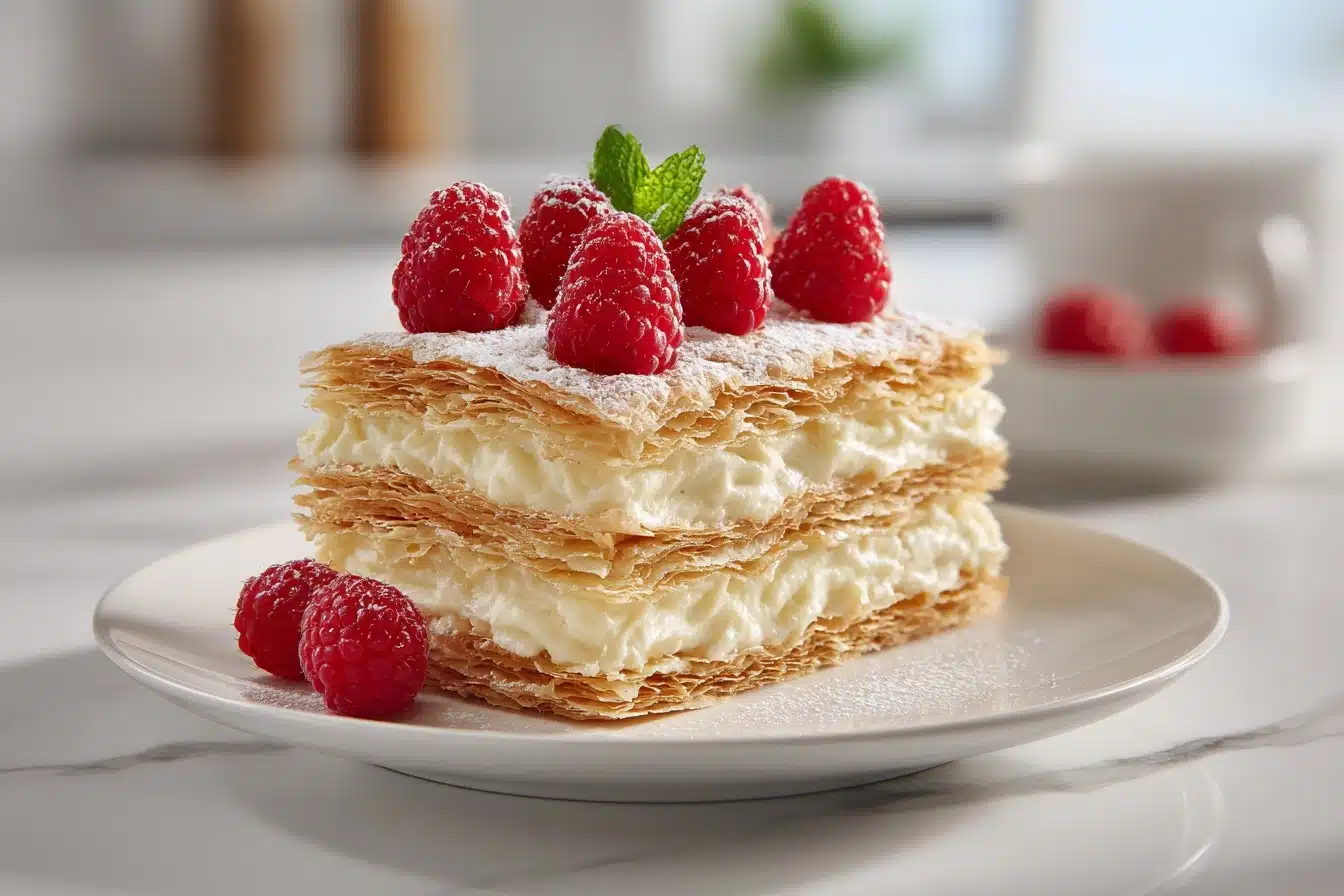 Puff Pastry Napoleon Cake with Fresh Raspberries Recipe - Recipe Image