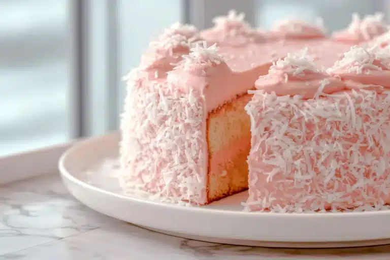 Fluffy Coconut Cake with Strawberry Coconut Frosting Recipe