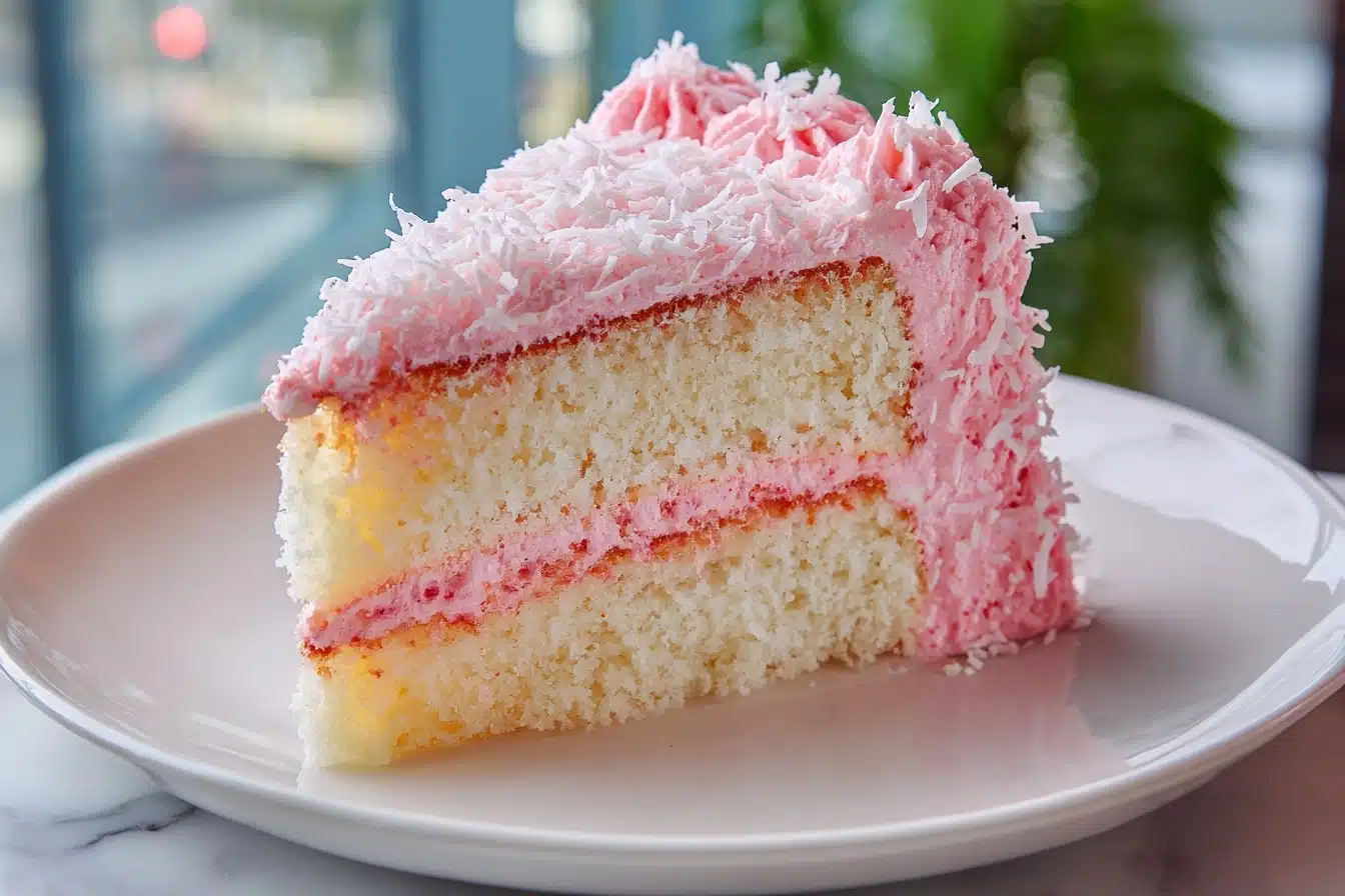 Fluffy Coconut Cake with Strawberry Coconut Frosting Recipe - Recipe Image