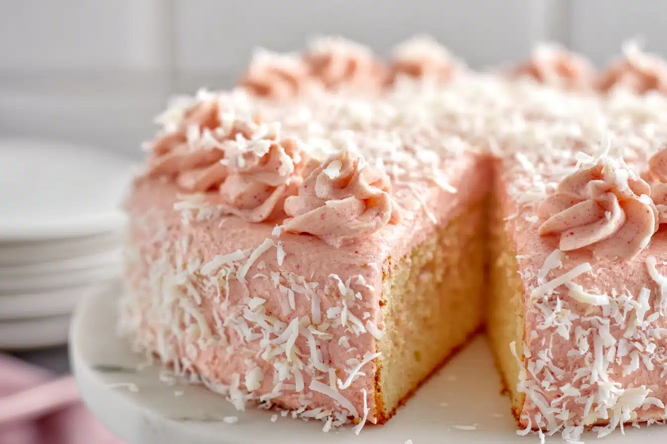 Fluffy Coconut Cake with Strawberry Coconut Frosting Recipe - Recipe Image