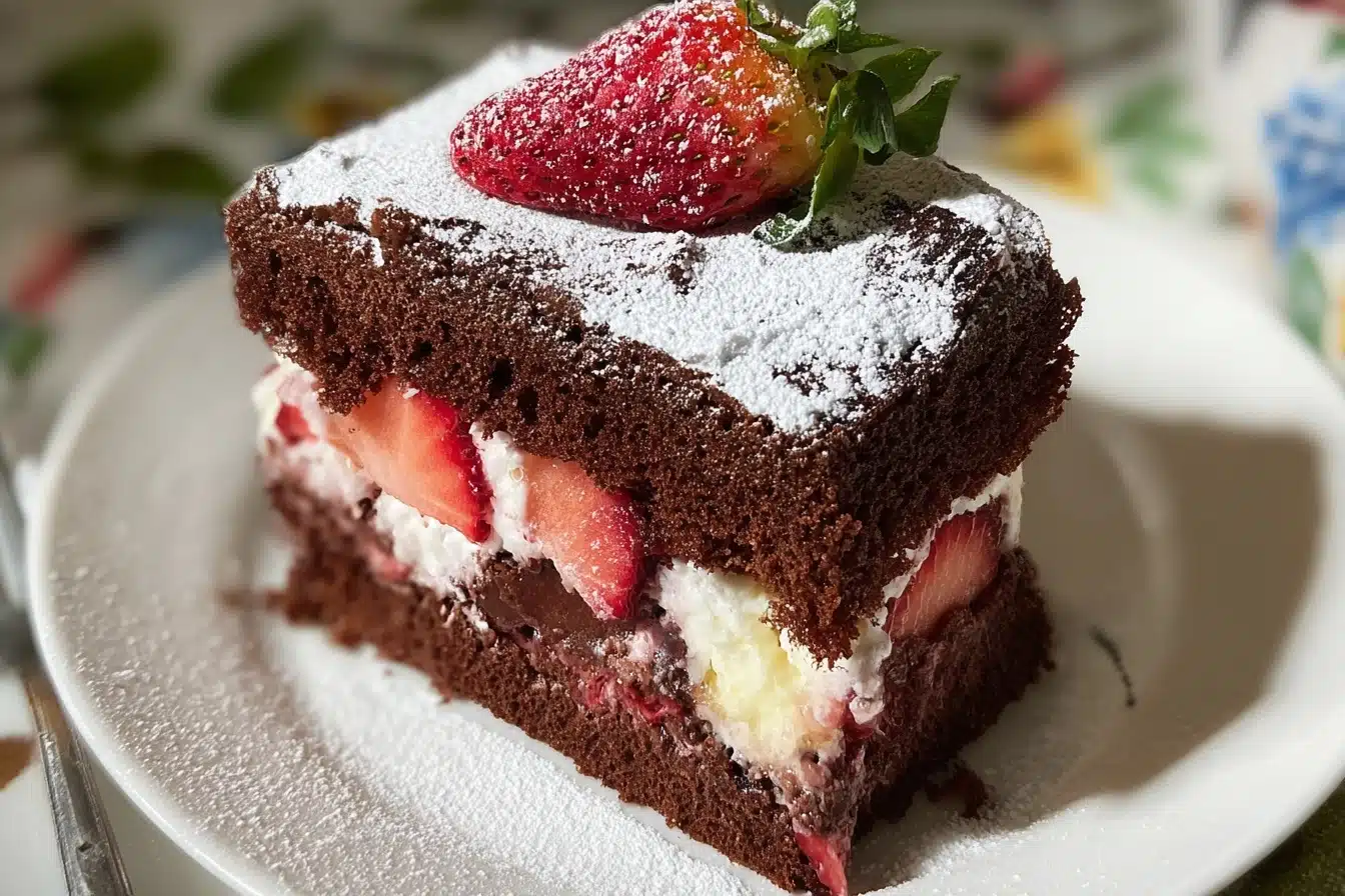Chocolate Cake with Vanilla Pudding and Strawberries Recipe - Recipe Image