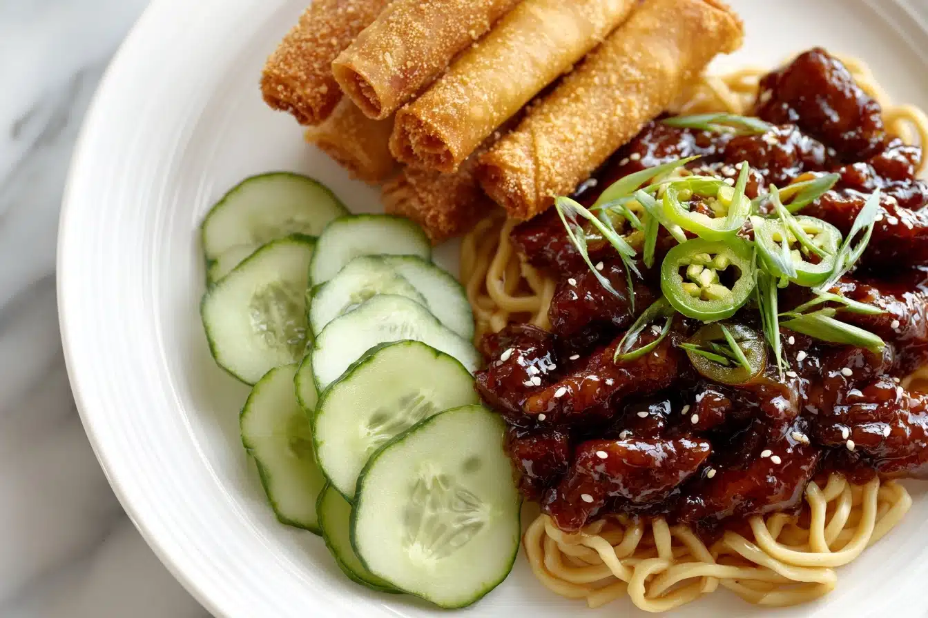 Jalapeño Chicken Lo Mein with Lumpia & Cucumber Salad Recipe - Recipe Image